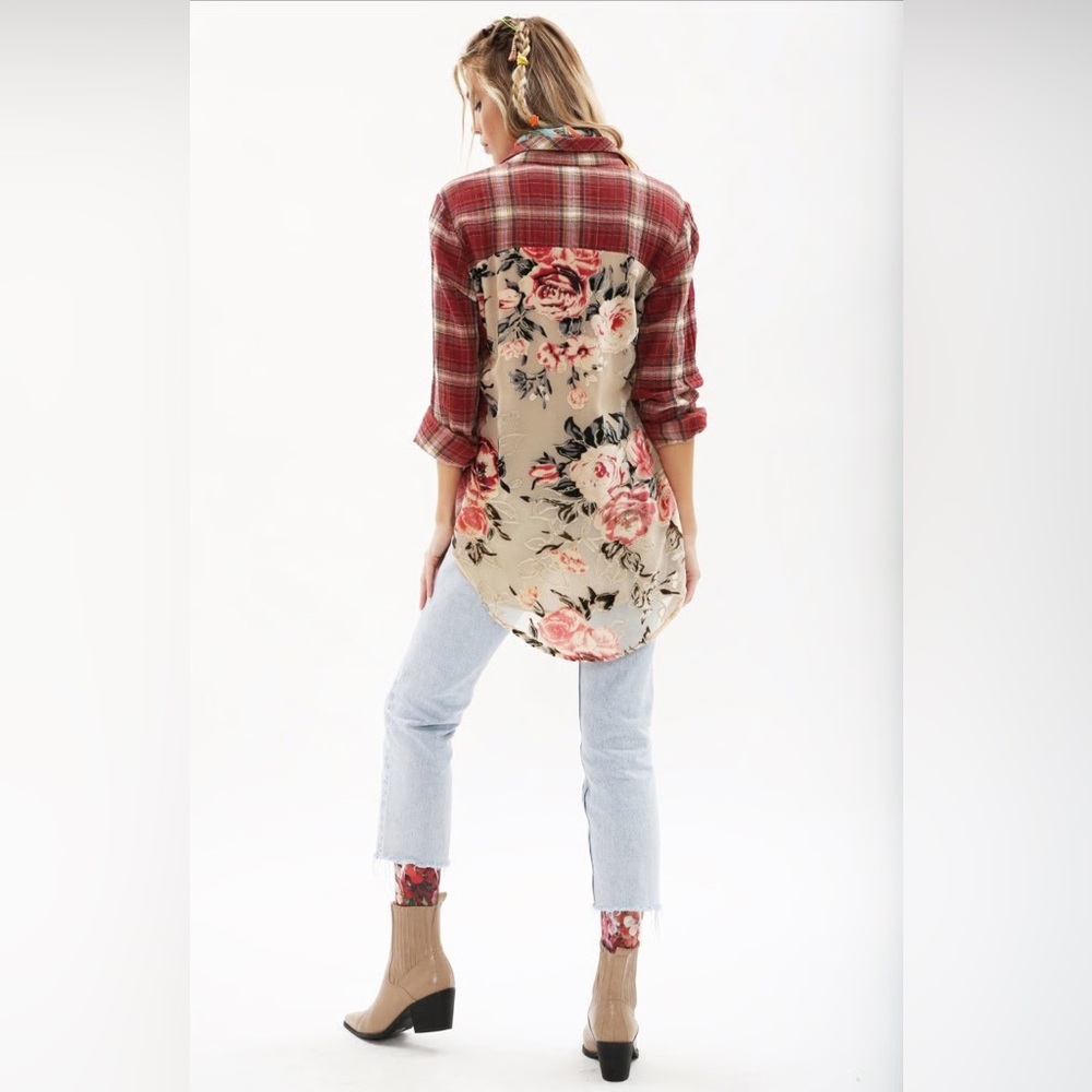 Aratta Silent Journey Heart Breaker Gauzy Plaid & Roses Burnout Shirt Size Med - Picture 1 of 11